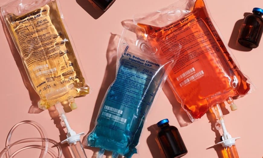 A row of IV drip bags
