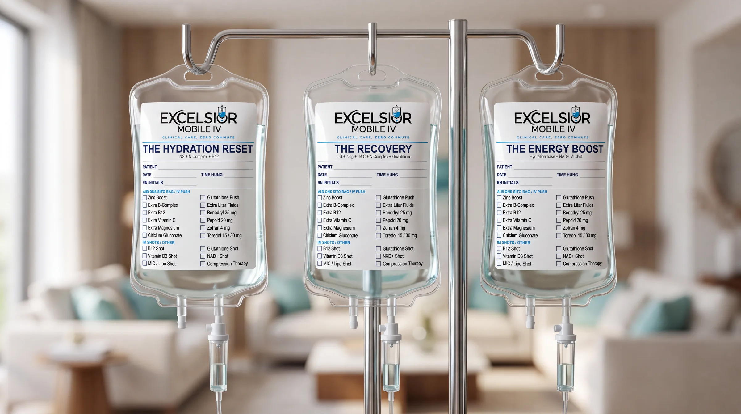 Labelled IV bags prepared for a visit